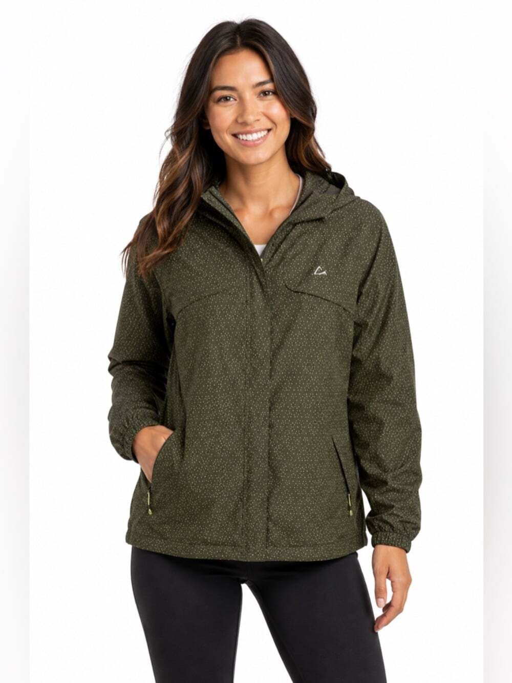 Paradox Women’s Green Polka Dot Full Zip Hooded Rain Jacket Size Medium